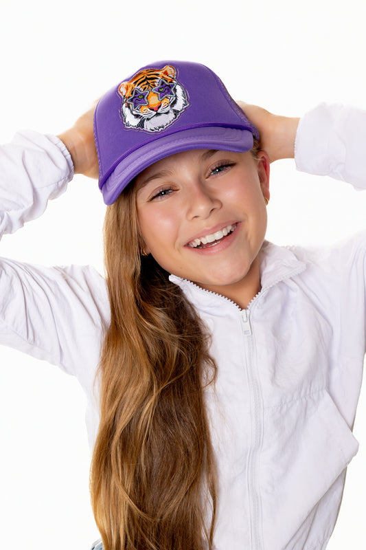 Kids Tiger Trucker Hat, Purple